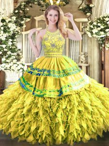 Yellow Green Sleeveless Floor Length Beading and Ruffles Zipper Quinceanera Gown