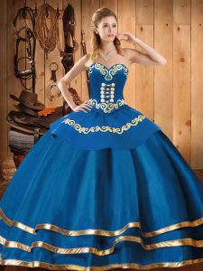 Fancy Blue Sleeveless Floor Length Embroidery Lace Up Quinceanera Dresses