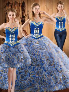 Affordable Multi-color Three Pieces Satin and Fabric With Rolling Flowers Strapless Sleeveless Embroidery With Train Lace Up Vestidos de Quinceanera Sweep Train