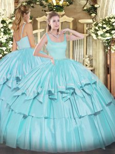 Sleeveless Floor Length Beading and Ruffled Layers Zipper 15 Quinceanera Dress with Aqua Blue