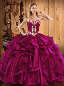 Exquisite Fuchsia Ball Gowns Sweetheart Sleeveless Organza Floor Length Lace Up Embroidery and Ruffles Ball Gown Prom Dress