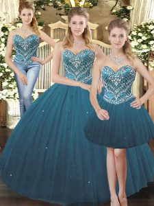 Wonderful Floor Length Lace Up Sweet 16 Quinceanera Dress Teal for Military Ball and Sweet 16 and Quinceanera with Beading