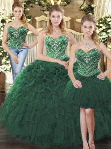 Adorable Dark Green Ball Gowns Sweetheart Sleeveless Tulle Floor Length Lace Up Beading and Ruffles Ball Gown Prom Dress