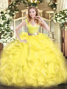 Sophisticated Ball Gowns 15 Quinceanera Dress Yellow V-neck Tulle Sleeveless Floor Length Zipper