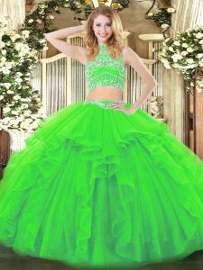 Amazing Tulle High-neck Sleeveless Backless Beading and Ruffles Quinceanera Dresses in