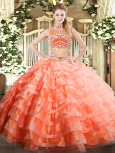 Orange Red Tulle Backless Quince Ball Gowns Sleeveless Floor Length Beading and Ruffled Layers
