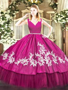 Pretty Fuchsia Sleeveless Embroidery Floor Length Quinceanera Dress