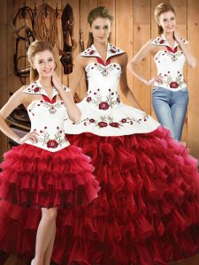 Top Selling Wine Red Halter Top Lace Up Embroidery and Ruffled Layers Quinceanera Gown Sleeveless