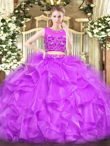 Simple Lilac Tulle Zipper Scoop Sleeveless Floor Length Quinceanera Gowns Beading and Ruffles