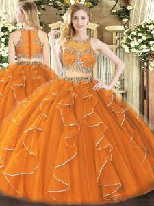 Latest Orange Ball Gowns Scoop Sleeveless Organza Floor Length Zipper Beading and Ruffles 15th Birthday Dress