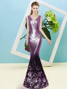 Purple Mermaid V-neck Sleeveless Sequined Floor Length Zipper Sequins Prom Evening Gown
