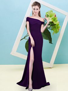 Best Selling Off The Shoulder Sleeveless Damas Dress Floor Length Ruching Dark Purple Elastic Woven Satin