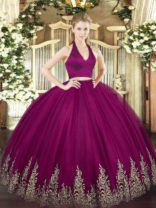 Fantastic Floor Length Zipper Quinceanera Gown Fuchsia for Military Ball and Sweet 16 and Quinceanera with Appliques