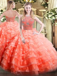 Edgy Floor Length Zipper Quinceanera Gown Orange Red for Military Ball and Sweet 16 and Quinceanera with Beading and Ruffled Layers