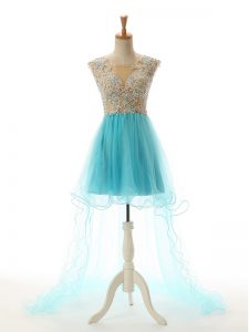 Elegant High Low A-line Sleeveless Aqua Blue Prom Dresses Backless