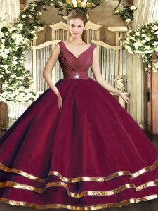 Designer Sleeveless Floor Length Beading and Ruffled Layers and Ruching Backless Quinceanera Dress with Burgundy