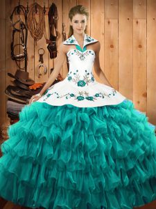 Discount Turquoise Ball Gowns Organza Halter Top Sleeveless Embroidery and Ruffled Layers Floor Length Lace Up Vestidos de Quinceanera