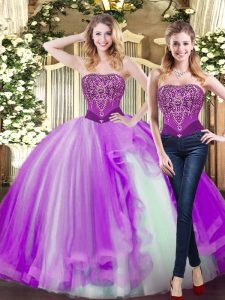 Vintage Eggplant Purple Sleeveless Floor Length Beading and Ruffles Lace Up Ball Gown Prom Dress