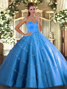 Sophisticated Baby Blue Lace Up Quinceanera Dresses Beading and Appliques Sleeveless Floor Length