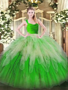 Sophisticated Multi-color Organza Zipper Ball Gown Prom Dress Sleeveless Floor Length Lace and Ruffles