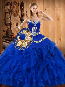Low Price Embroidery and Ruffles Sweet 16 Quinceanera Dress Blue Lace Up Sleeveless Floor Length