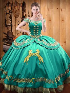 High Quality Turquoise Sleeveless Beading and Embroidery Floor Length Quince Ball Gowns
