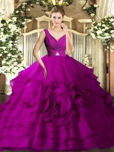 Fuchsia Ball Gowns Beading and Ruching 15th Birthday Dress Backless Organza Sleeveless Floor Length
