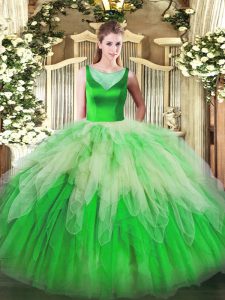 Multi-color Tulle Side Zipper Quinceanera Gowns Sleeveless Floor Length Beading and Ruffles