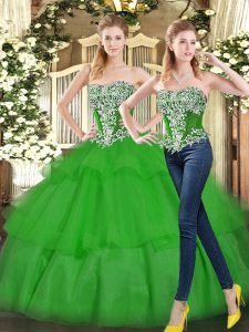 Green Strapless Neckline Beading and Ruffled Layers Quinceanera Gown Sleeveless Lace Up