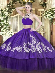 Sleeveless Tulle Floor Length Backless 15 Quinceanera Dress in Purple with Beading and Appliques
