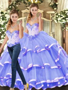 Lavender Ball Gowns Beading and Ruffled Layers Quinceanera Dresses Lace Up Tulle Sleeveless Floor Length