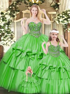 Green Organza Lace Up Vestidos de Quinceanera Sleeveless Floor Length Beading and Ruffled Layers