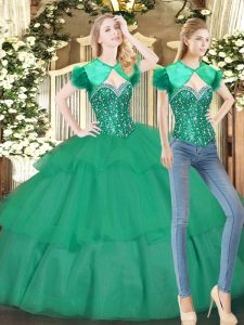 Floor Length Lace Up Sweet 16 Dresses Turquoise for Military Ball and Sweet 16 and Quinceanera with Beading and Ruffled Layers