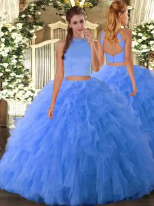 Gorgeous Baby Blue Sleeveless Floor Length Beading and Ruffles Backless Quinceanera Dress