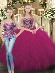 Super Beading and Ruffles 15th Birthday Dress Fuchsia Lace Up Sleeveless Floor Length