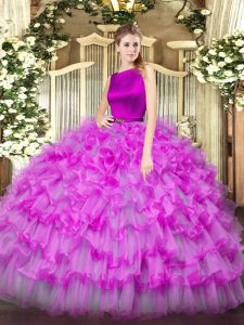 Designer Fuchsia Sleeveless Floor Length Ruffled Layers Clasp Handle Vestidos de Quinceanera