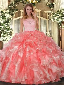 Coral Red Organza Clasp Handle Scoop Sleeveless Floor Length 15th Birthday Dress Lace and Ruffles