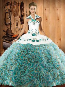 Multi-color Sleeveless Fabric With Rolling Flowers Sweep Train Lace Up Quinceanera Gowns for Military Ball and Sweet 16 and Quinceanera