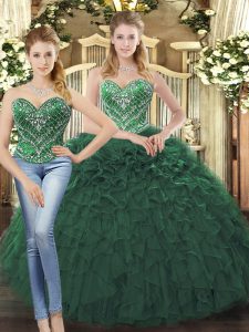 Flare Sleeveless Floor Length Beading and Ruffles Lace Up Quince Ball Gowns with Dark Green