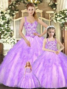 Lilac Organza Lace Up Sweet 16 Dresses Sleeveless Floor Length Beading and Ruffles