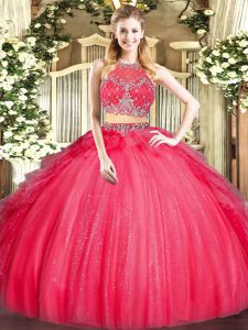 Red Tulle Zipper Sweet 16 Dress Sleeveless Floor Length Beading and Ruffles