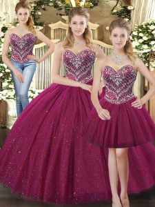 Fantastic Fuchsia Lace Up Sweet 16 Quinceanera Dress Beading Sleeveless Floor Length