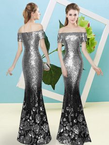 Suitable Short Sleeves Zipper Floor Length Sequins Prom Party Dress
