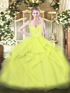 Glorious Yellow Green and Yellow Ball Gowns Tulle Spaghetti Straps Sleeveless Ruffles and Ruching Floor Length Zipper Quinceanera Dress