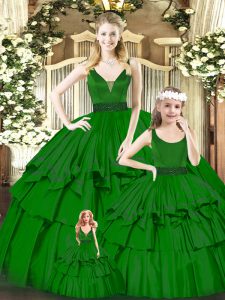 Floor Length Green Quinceanera Dress V-neck Sleeveless Zipper