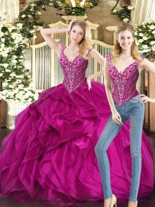 Sumptuous V-neck Sleeveless Lace Up Vestidos de Quinceanera Fuchsia Organza