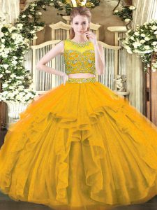 Floor Length Gold Ball Gown Prom Dress Tulle Sleeveless Beading and Ruffles