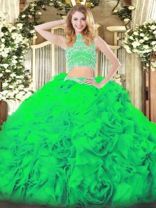Green Two Pieces Beading and Ruffles Ball Gown Prom Dress Backless Tulle Sleeveless Floor Length