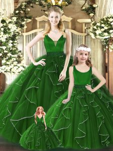 Custom Designed Sleeveless Floor Length Beading and Ruffles Zipper Quinceanera Dress with Green