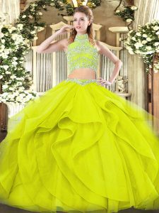 Yellow Green Sleeveless Floor Length Beading and Ruffles Backless 15th Birthday Dress